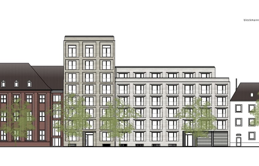 Zeichnerischer Fassadenaufriss einer Straßenzeile mit einem hellen Neubau zwischen bestehenden Gebäuden, davor eingezeichnete Bäume.