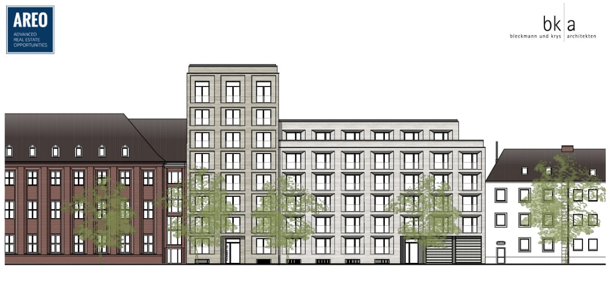 Zeichnerischer Fassadenaufriss einer Straßenzeile mit einem hellen Neubau zwischen bestehenden Gebäuden, davor eingezeichnete Bäume.
